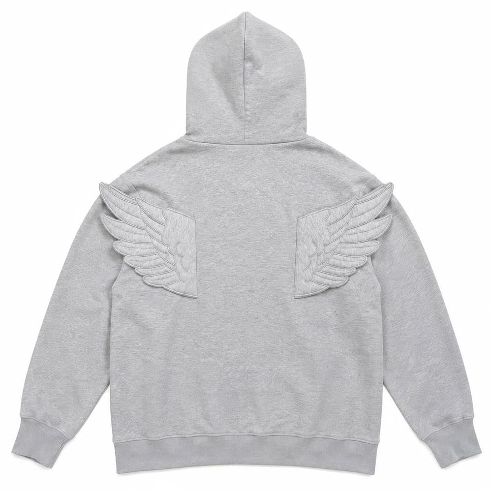 Grey Y2K Angel Wings Zip-Up Hoodie