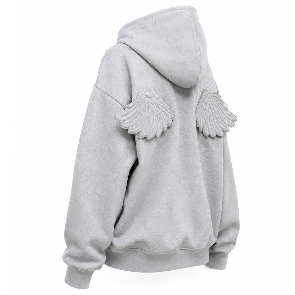 Grey Y2K Angel Wings Zip-Up Hoodie