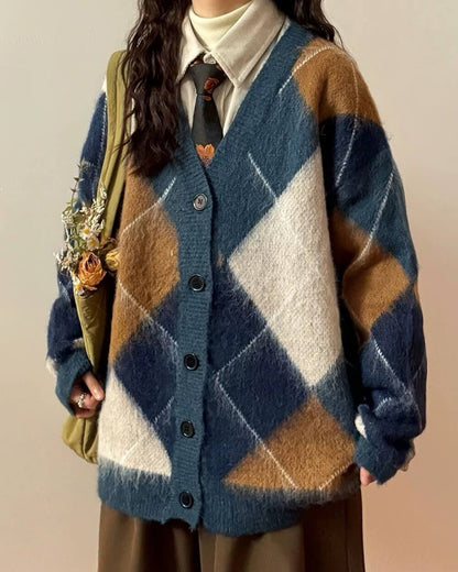 High School Loose Fit Argyle Cardigan
