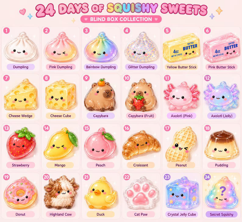 Trending Squishy Advent Calendar, Viral Squishy Blind Box, Kawaii Acrylic Ornaments for Kids, Boy Girl Christmas Gift, Dumpling Butter Cheese