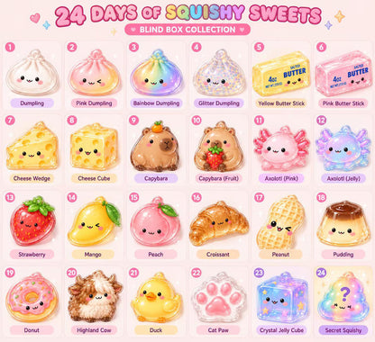 Trending Squishy Advent Calendar, Viral Squishy Blind Box, Kawaii Acrylic Ornaments for Kids, Boy Girl Christmas Gift, Dumpling Butter Cheese