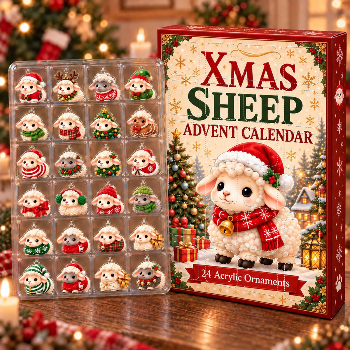 Custom Name Sheep Advent Calendar, Personalized Christmas Countdown with 24 Acrylic Ornaments, Gift for Kids & Family