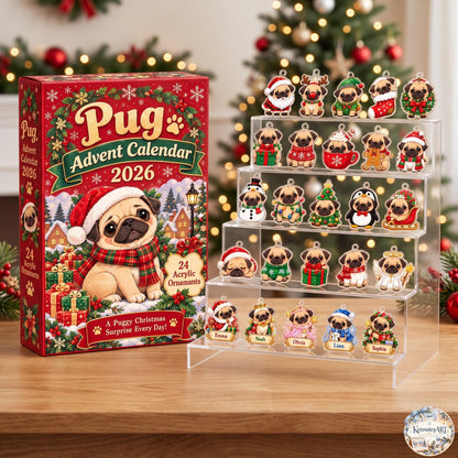 Pug Holiday Advent Calendar 2026 | 24 Day Christmas Countdown with Personalized 2D Name Charm