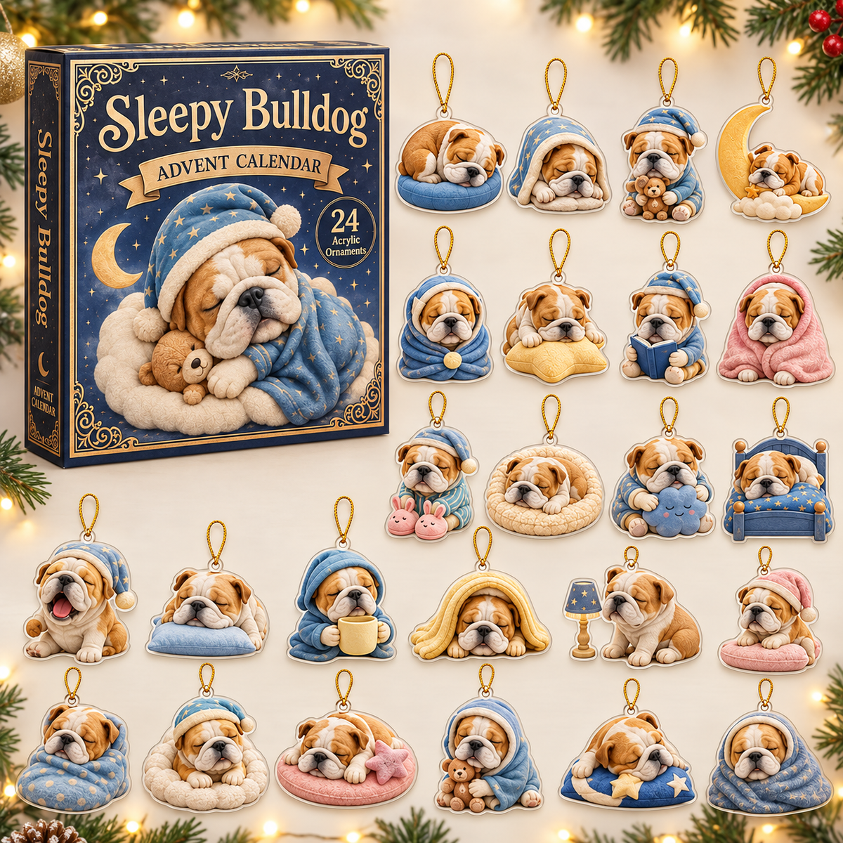 Sleepy Bulldog Advent Calendar 2026 - 24-Day Festive Countdown, Acrylic Charms Blind Box - Gift For Bulldog Lovers