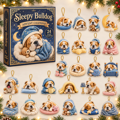 Sleepy Bulldog Advent Calendar 2026 - 24-Day Festive Countdown, Acrylic Charms Blind Box - Gift For Bulldog Lovers