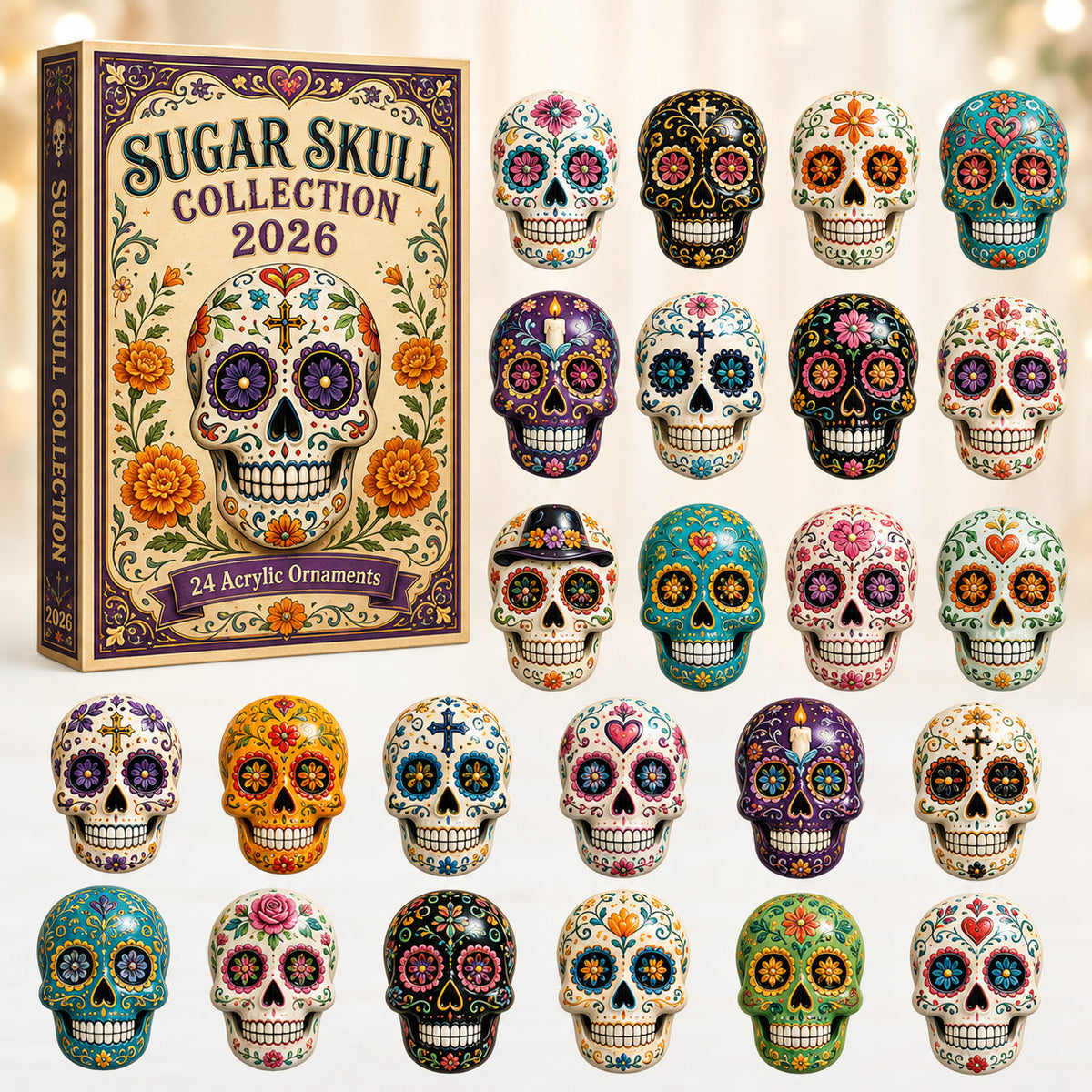 Sugar Skull Collection Advent Calendar 2026 - 24-Day Festive Countdown, Acrylic Charms Blind Box - Gift For Family & Friends
