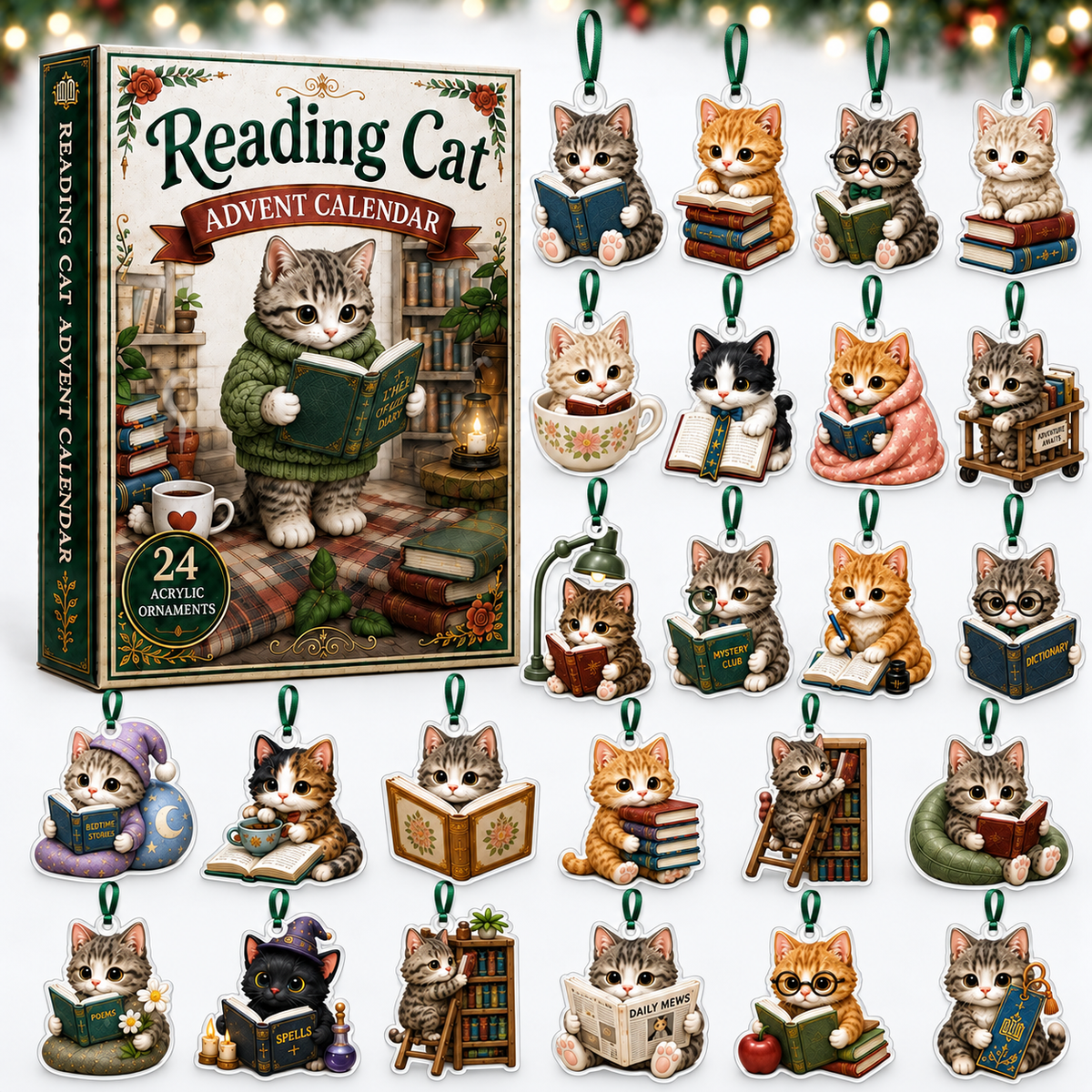 Reading Cat Advent Calendar 2026 - 24-Day Festive Countdown, Acrylic Charms Blind Box - Gift For Cat Lovers