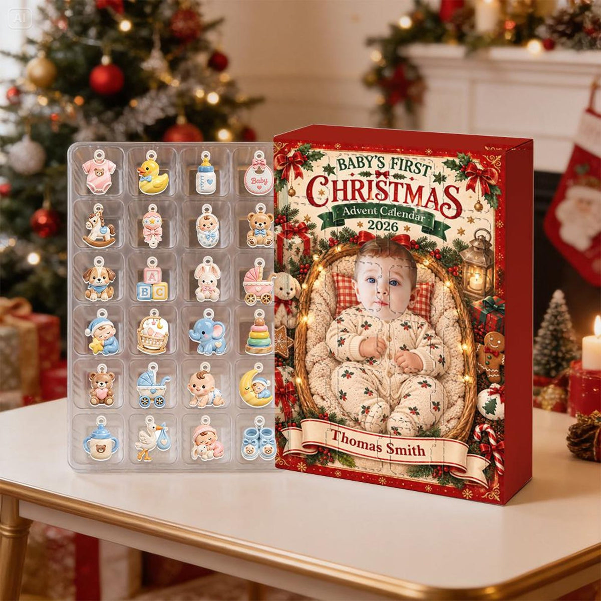 Baby First Christmas Advent Calendar, Personalized 24 Acrylic Charms, Custom Photo Keepsake, 2026 Countdown