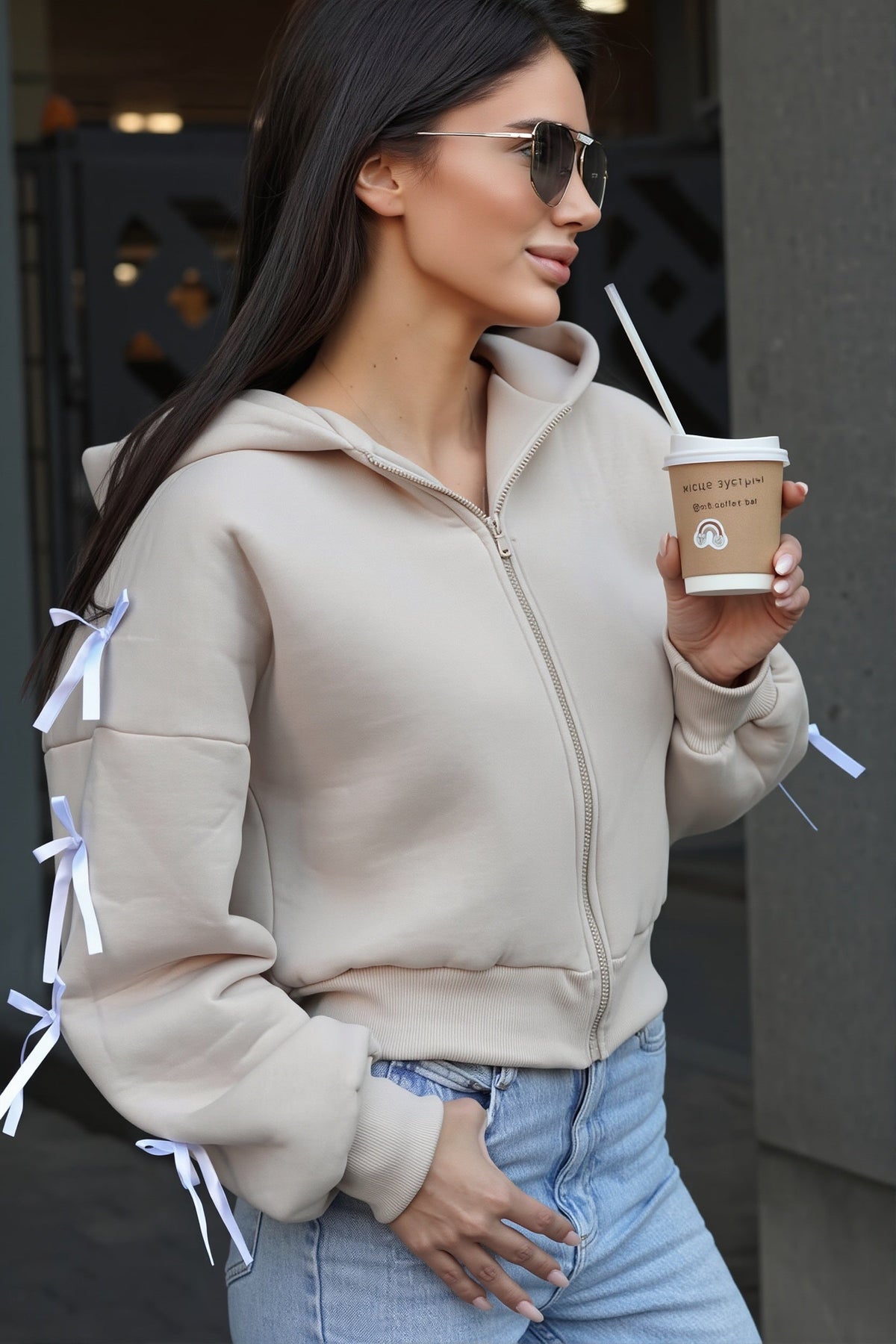 Bow Lace Up Sleeve Pullover Hoodie