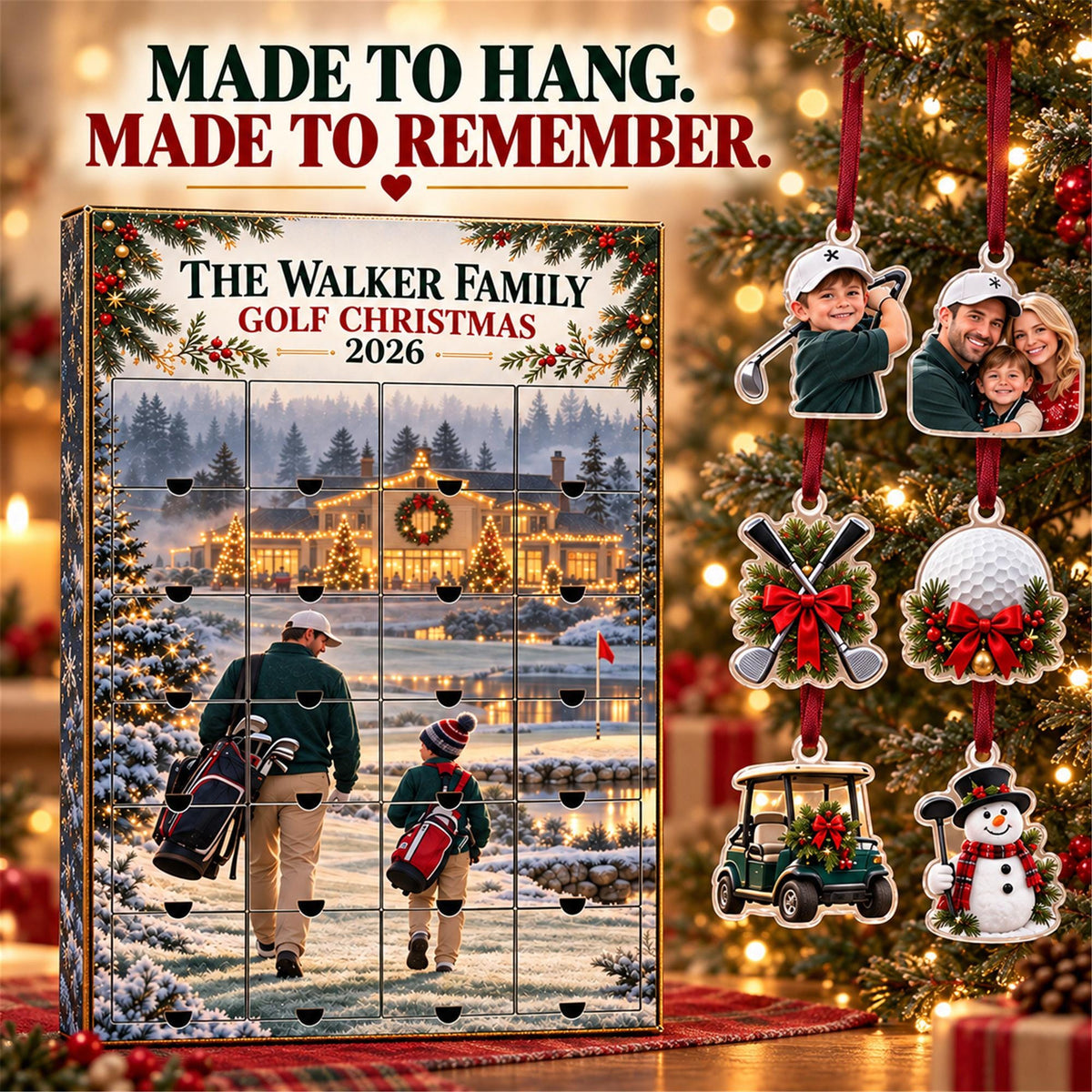 Personalized Golf Advent Calendar with 24 Custom Photo Acrylic Ornaments, Golfer Christmas Countdown Gift for Golf Dad and Family Keepsake