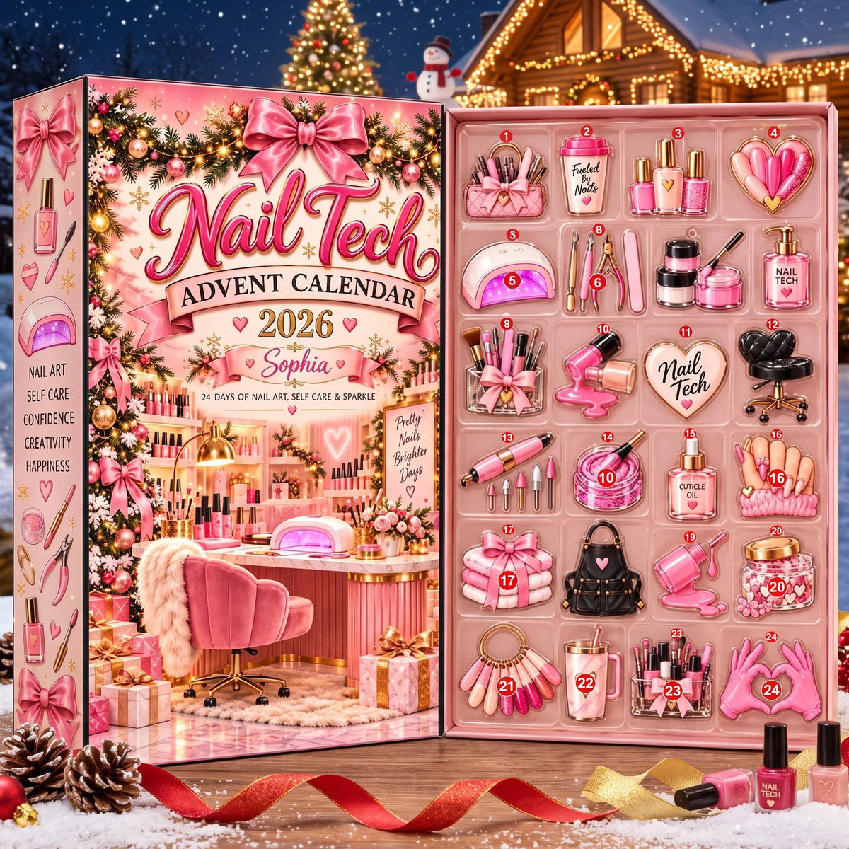 Personalized 2026 Nail Tech Advent Calendar, 24 Day Christmas Countdown, Custom Nail Charms Holiday Gift