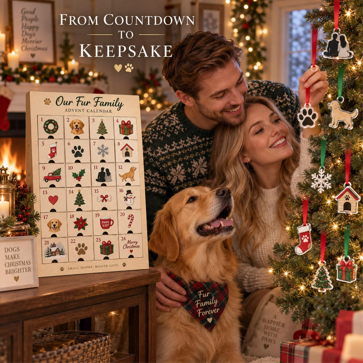 Personalized Fur Family Advent Calendar with 24 Custom Photo Acrylic Ornaments, Couple and Dog Christmas Gift, Pet Parent Keepsake for Two