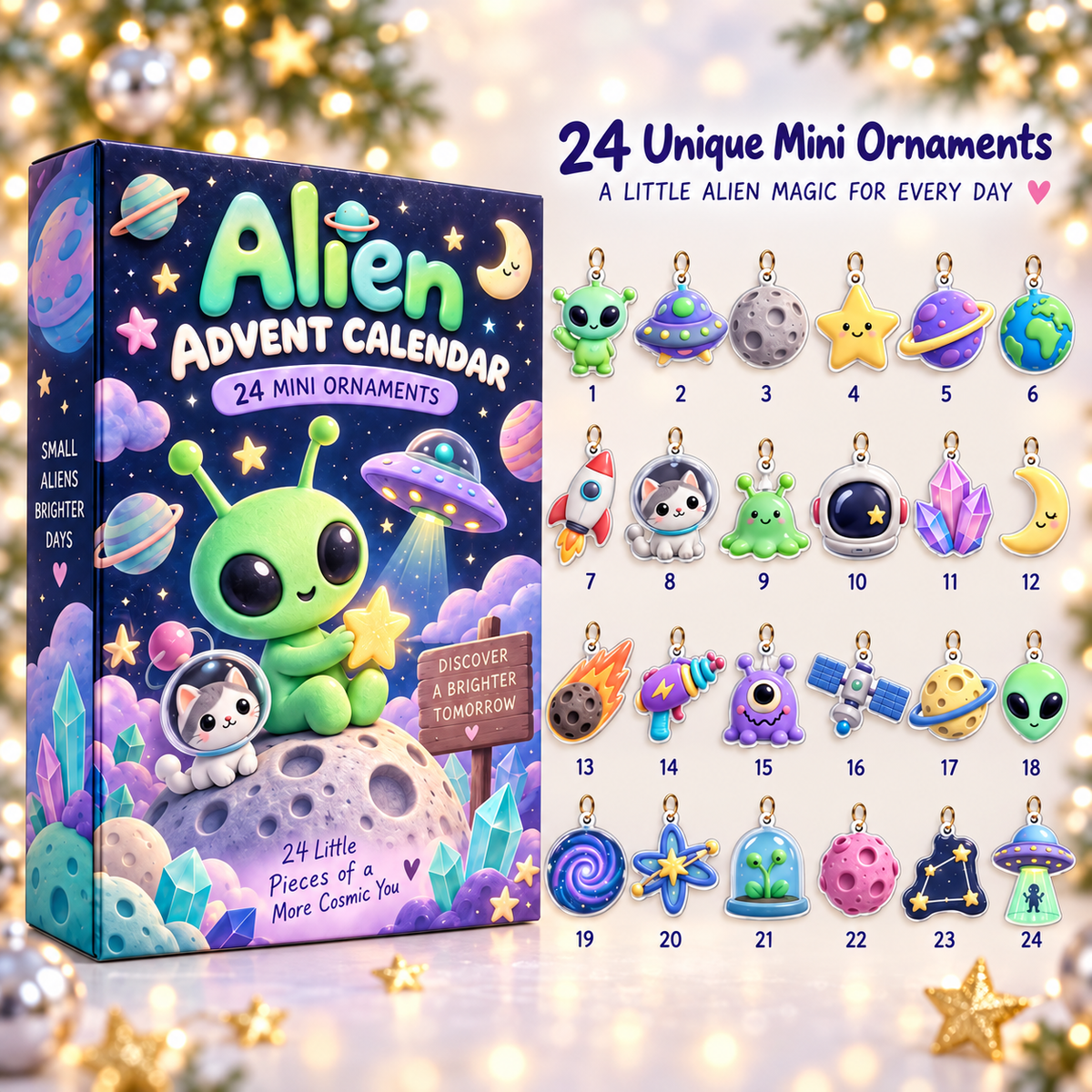 Alien Advent Calendar 2026 – 24 Mini Space Ornaments with Hanging Strings, Cute Alien UFO Planet Charms, Christmas Countdown Gift for Kids & Space Lovers
