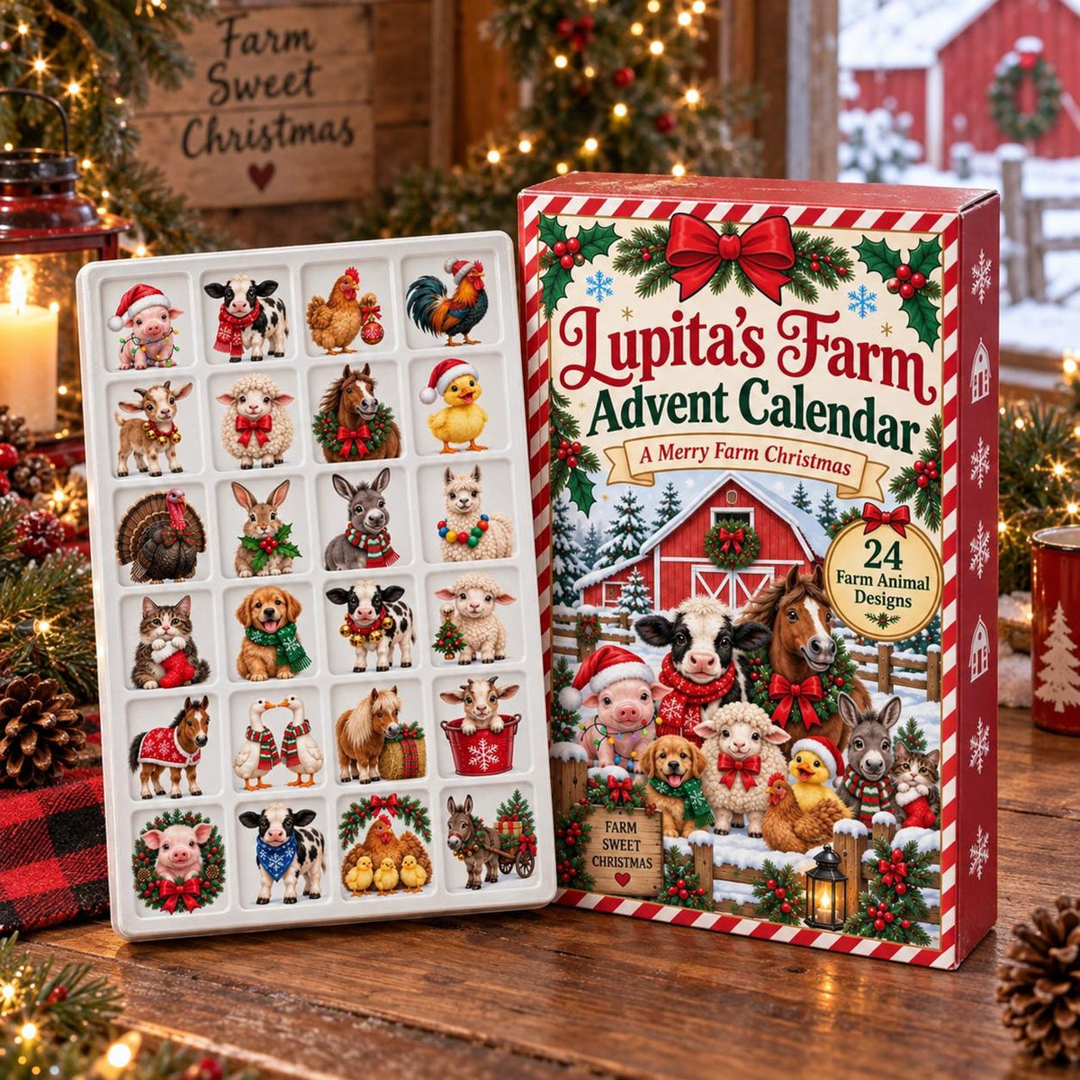 Farm Animal Advent Calendar: Personalized Christmas Countdown Box, Red Paper and Acrylic