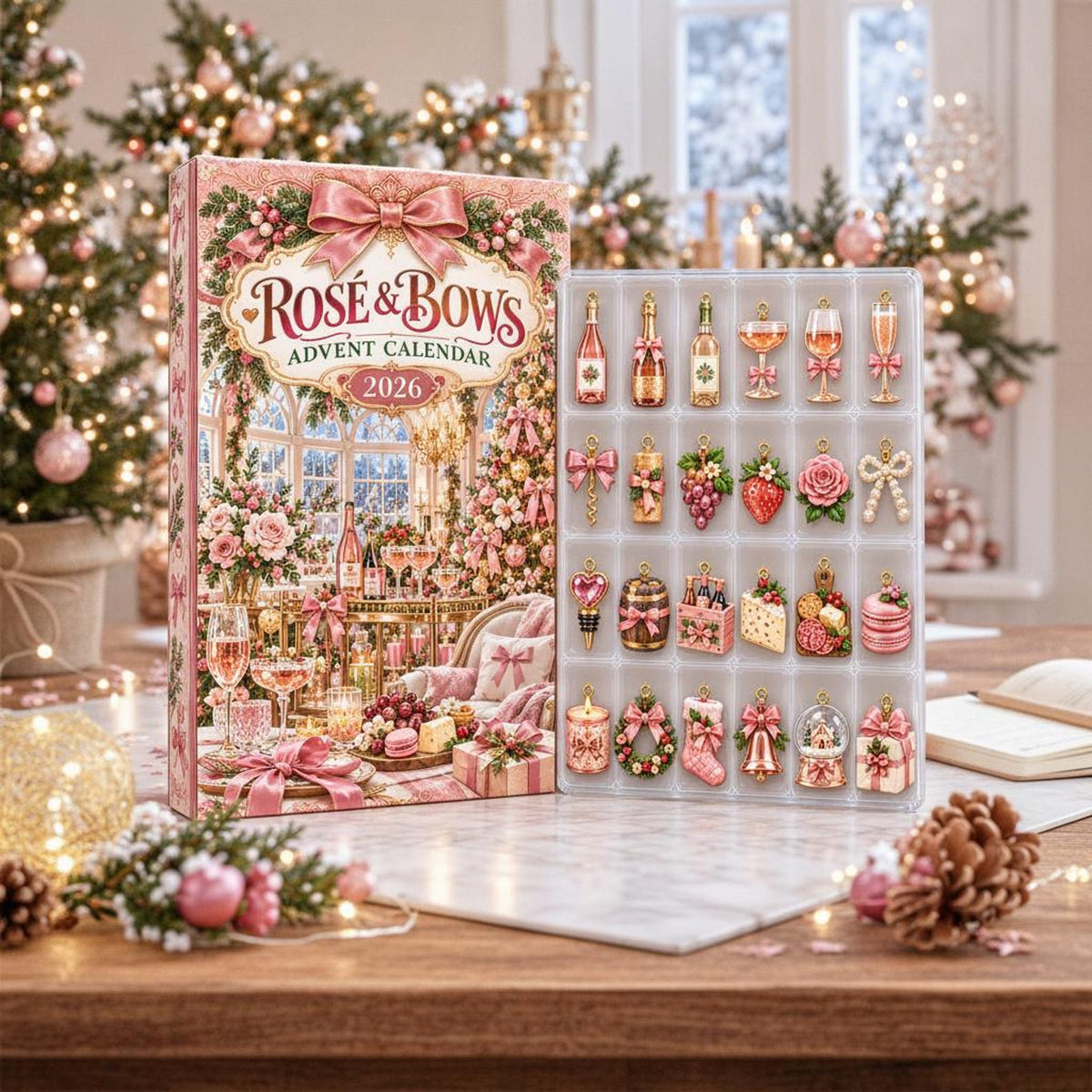 Rosé & Bows Advent Calendar 2026, 24 Day Christmas Countdown, Pink Wine Ornaments, Rosé Lover Gift for Women, Girly Holiday Decor