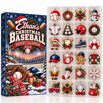 Custom Name Baseball Advent Calendar 2026, Christmas Countdown Box, 24 Baseball Charms, Personalized Holiday Keepsake, Baseball Player Gift