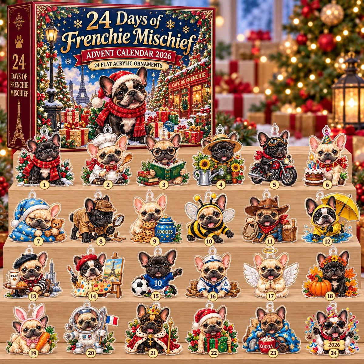 2D Flat Acrylic French Bulldog Advent Calendar 2026, 24 Frenchie Ornaments, Frenchie Christmas Countdown Calendar, French Bulldog Gift