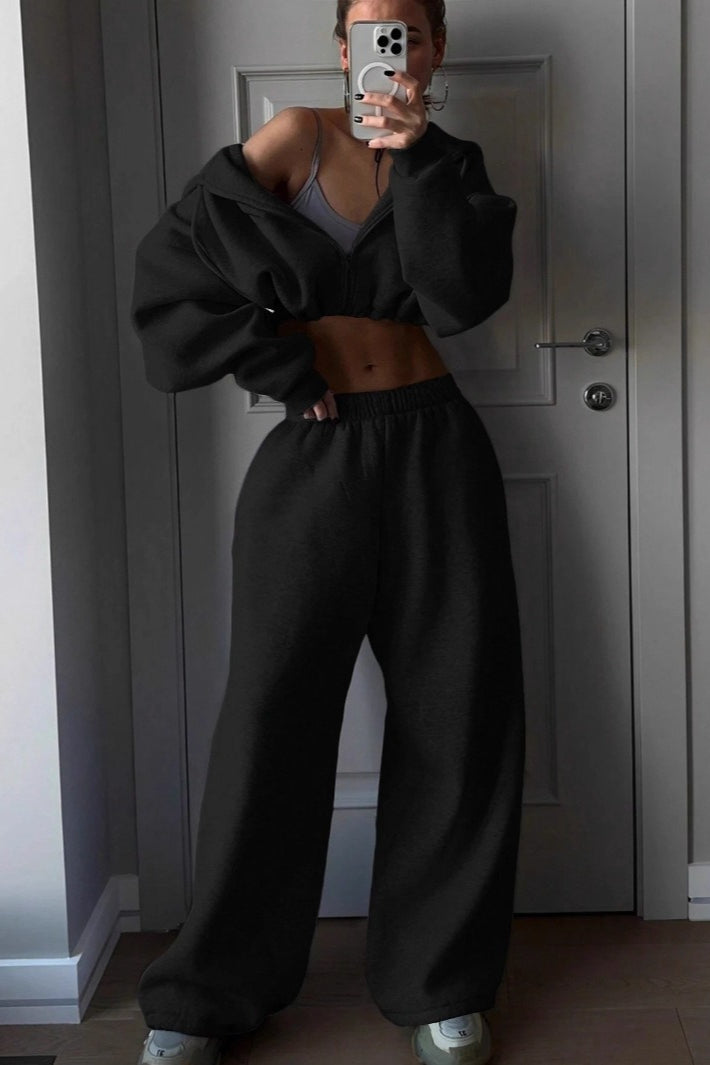 Cropped Zip Hoodie Wide Leg Jogger Set