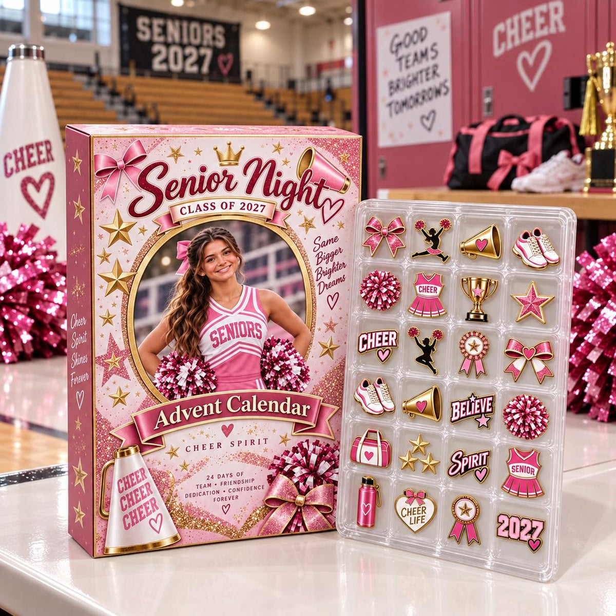 Personalized Cheerleading Advent Calendar: Custom Senior Night Photo Blind Box, Enamel Pin Gift