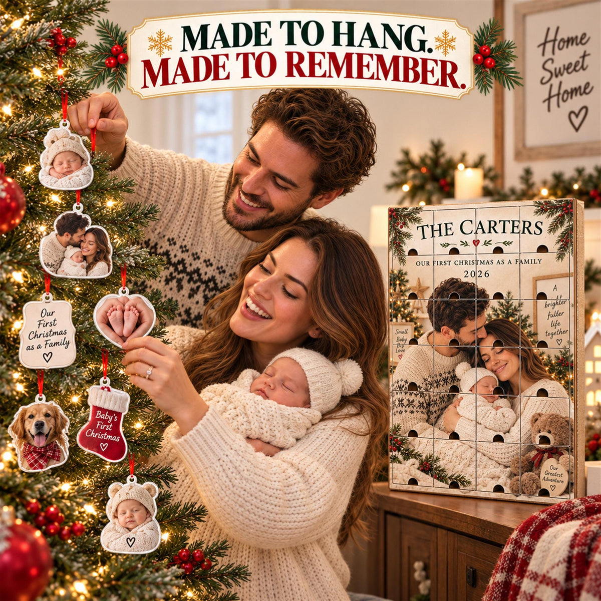 Personalized Family Advent Calendar with 24 Custom Photo Acrylic Ornaments, Baby’s First Christmas Gift, New Parents Keepsake, Family Gift