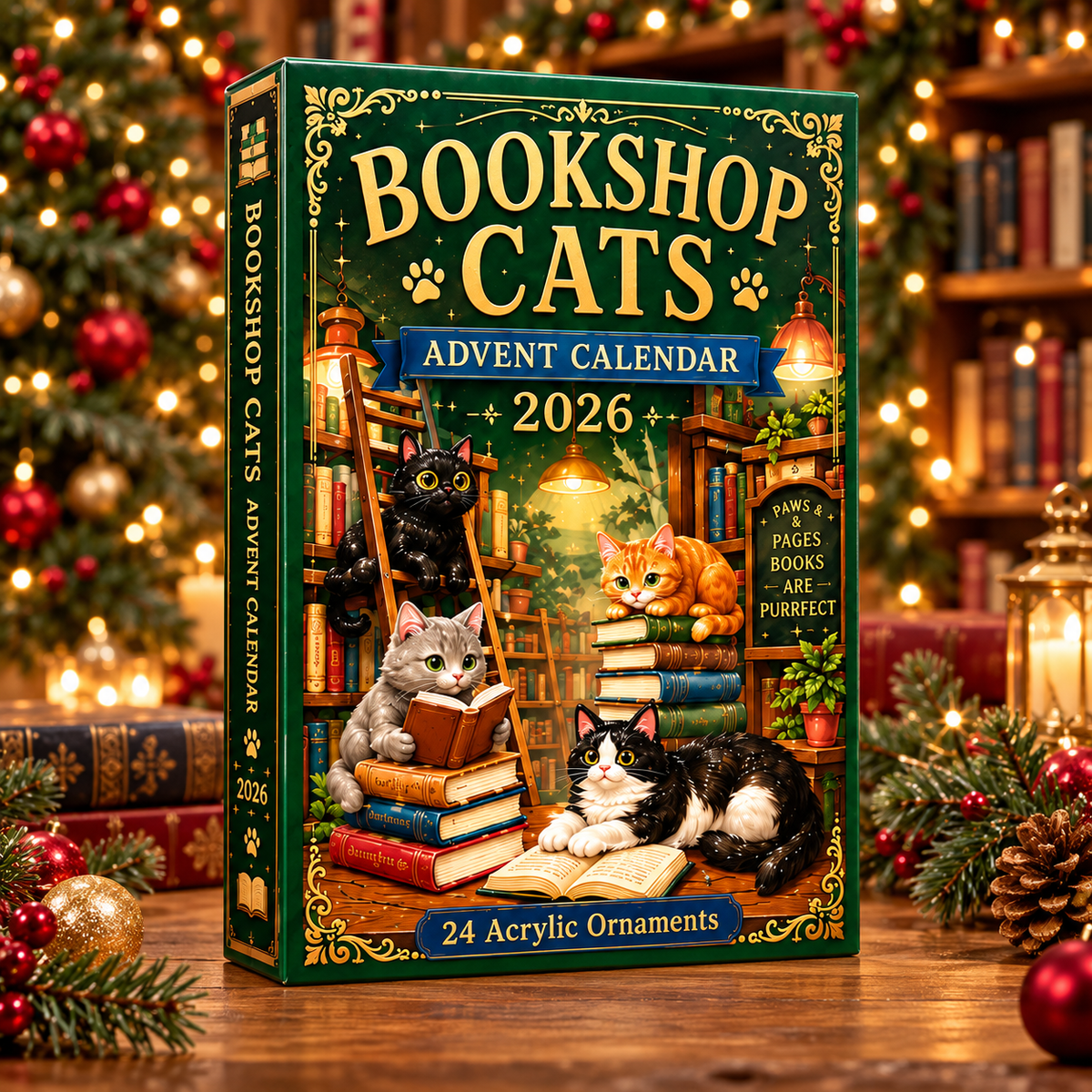 Bookshop Cats Advent Calendar 2026 - 24-Day Festive Countdown, Acrylic Charms Blind Box - Gift For Reading Lovers