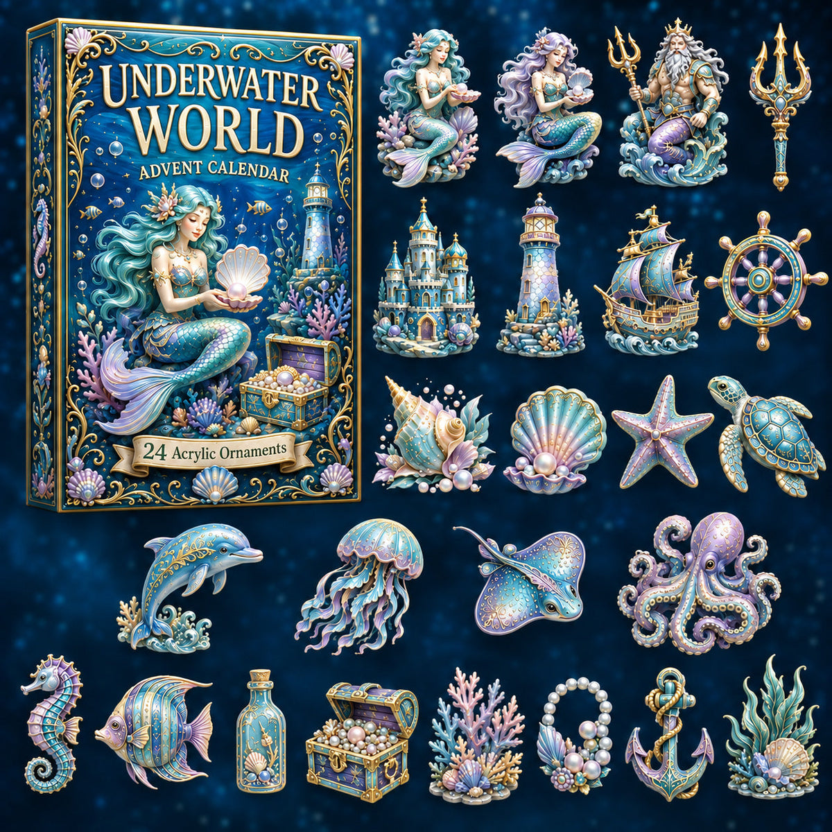 Mystic Underwater World Advent Calendar 2026 - 24-Day Festive Countdown, Acrylic Charms Blind Box - Gift For Ocean Lovers