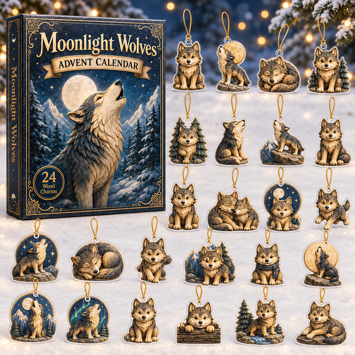 Moonlight Wolves Realm Advent Calendar 2026 - 24-Day Festive Countdown, Wooden Charms Blind Box - Gift For Animals Lovers