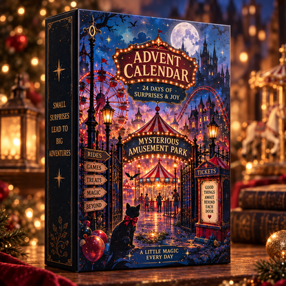 Mysterious Amusement Park Advent Calendar – 24 Mini Acrylic Ornament Charms, 24 Days of Magical Surprises, Carnival Christmas Countdown Gift