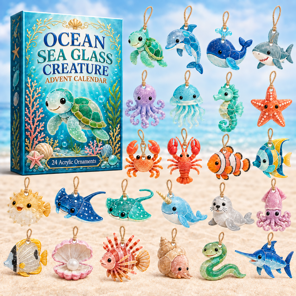 Sea Glass Ocean Friends Advent Calendar 2026 - 24-Day Festive Countdown, Acrylic Charms Blind Box - Gift For Ocean Lovers