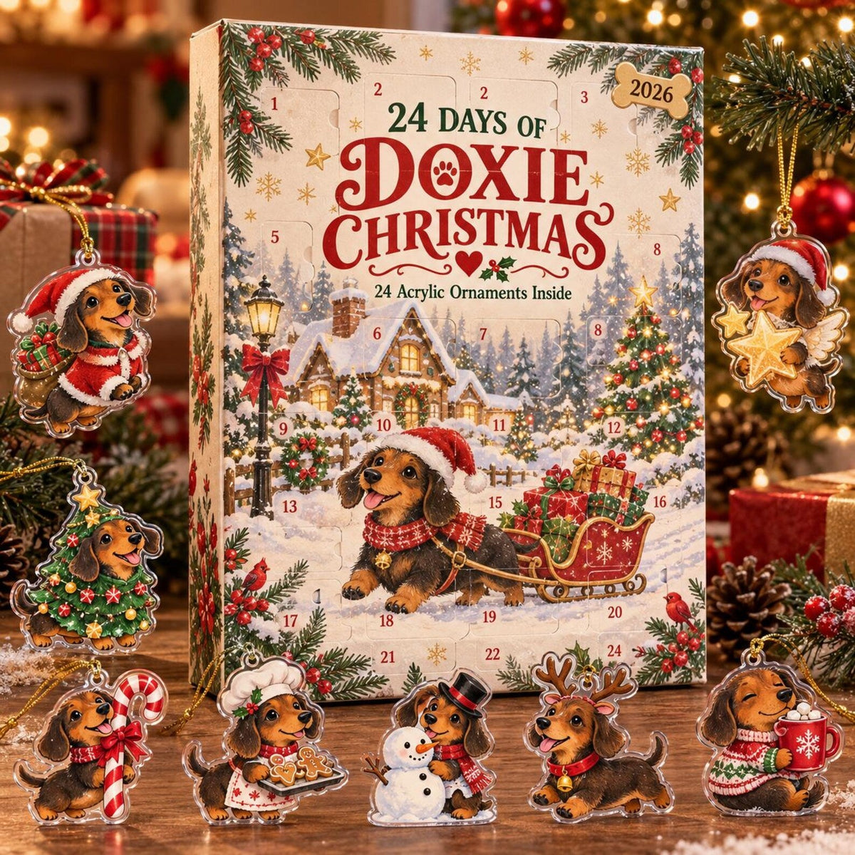 Dachshund Advent Calendar 2026, 24 Acrylic Christmas Ornaments, Doxie Countdown Box
