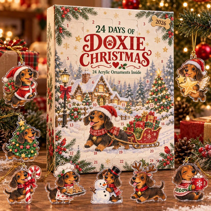 Dachshund Advent Calendar 2026, 24 Acrylic Christmas Ornaments, Doxie Countdown Box