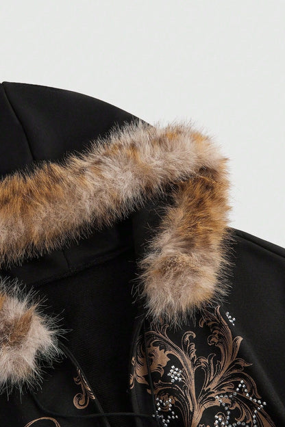Faux Fur Trim Corset Zip Hoodie