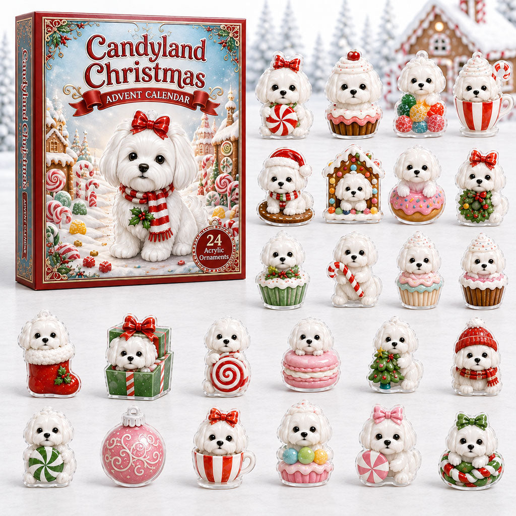 Maltese Candyland Christmas Advent Calendar 2026 - 24-Day Festive Countdown, Acrylic Charms Blind Box - Gift For Dog Lovers