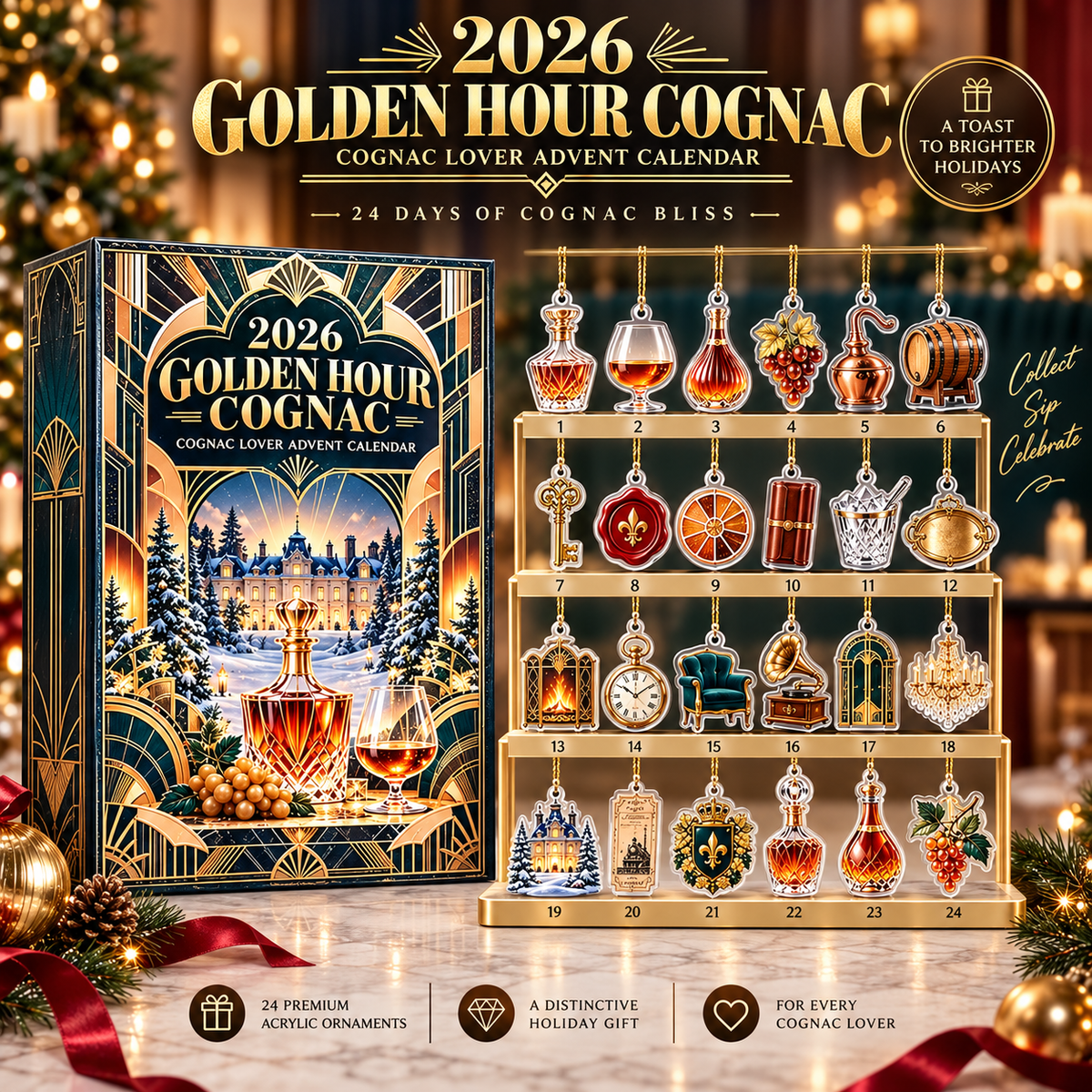 2026 Golden Hour Cognac Lover Advent Calendar, Luxury Whiskey Countdown, Christmas Holiday Gift For Men, Unique Bar Decor