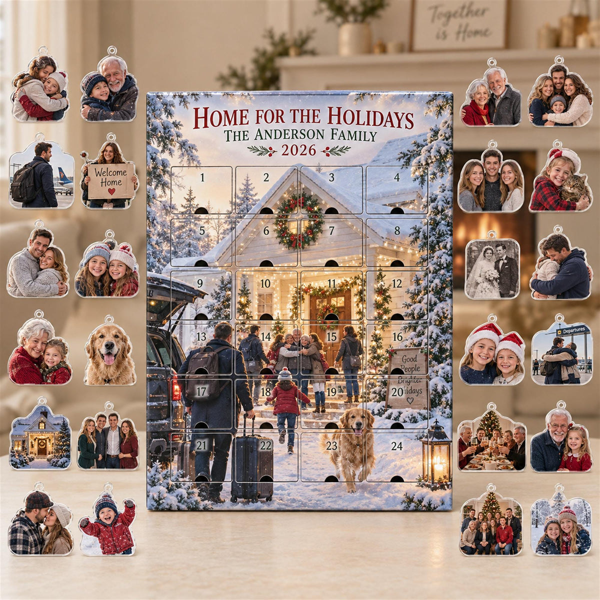 Personalized Family Reunion Advent Calendar with 24 Custom Photo Acrylic Ornaments, Home for the Holidays Gift, Multigenerational Keepsake