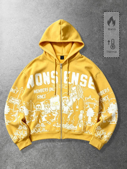 Men Graphic Zip-Up Drawstring Hoodie