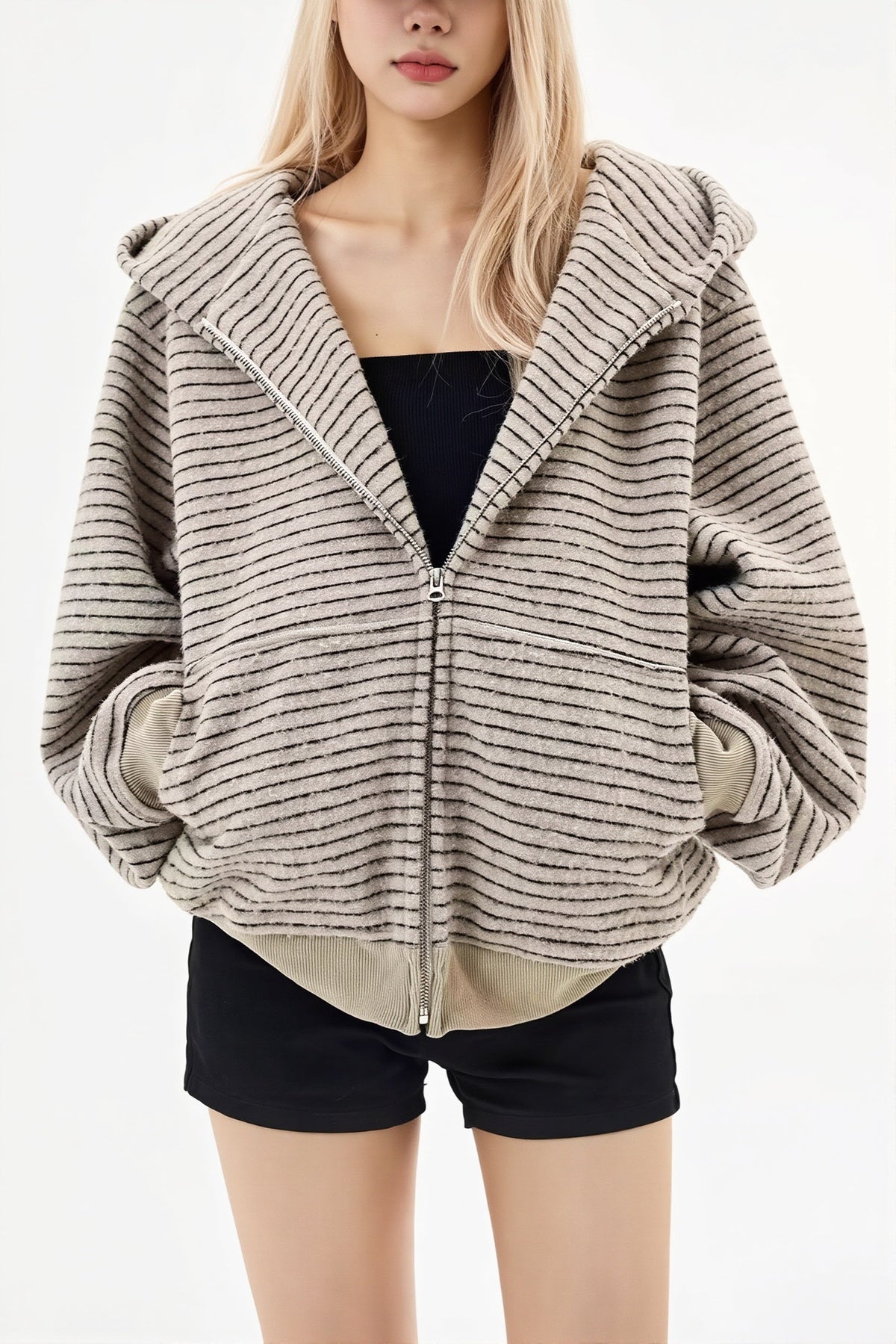 Fluffy Striped Oversize Zip Hoodie