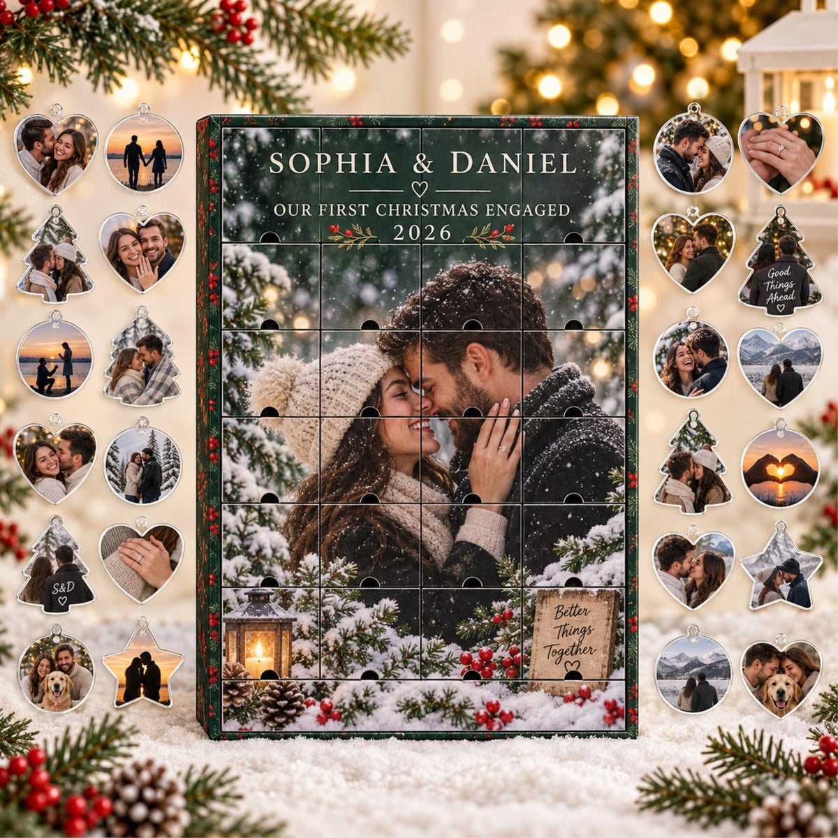 Personalized Engagement Advent Calendar with 24 Custom Photo Acrylic Ornaments, First Christmas Engaged Gift, Couple Keepsake for Fiancée