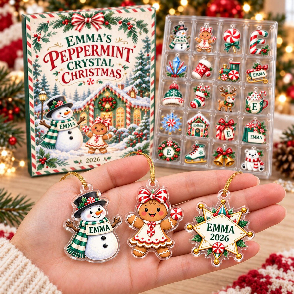 Personalized Advent Calendar 2026 for Kids, Peppermint Christmas Countdown, Custom Name Ornaments, Stocking Stuffer Gift for Girls and Teens