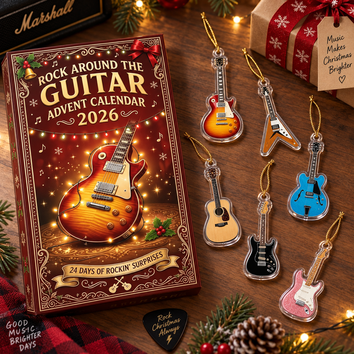 Guitar Advent Calendar 2026, 24 Days Christmas Countdown Box, Rock Music Guitar Ornaments Set, Musician Guitarist Gift