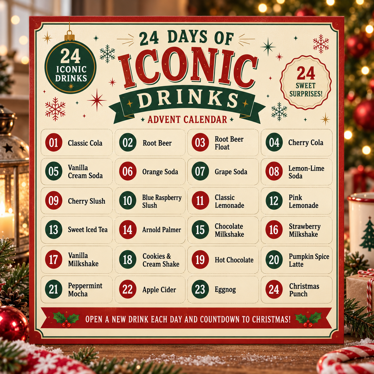 Iconic Drinks Advent Calendar 2026 – 24 Day Christmas Countdown, Retro American Drink Ornament Gift for Kids, Teens & Adults
