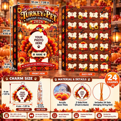 Personalized Turkey Pet Advent Calendar 2026, Custom Pet Photo Thanksgiving Countdown Box, 24 Acrylic Charms