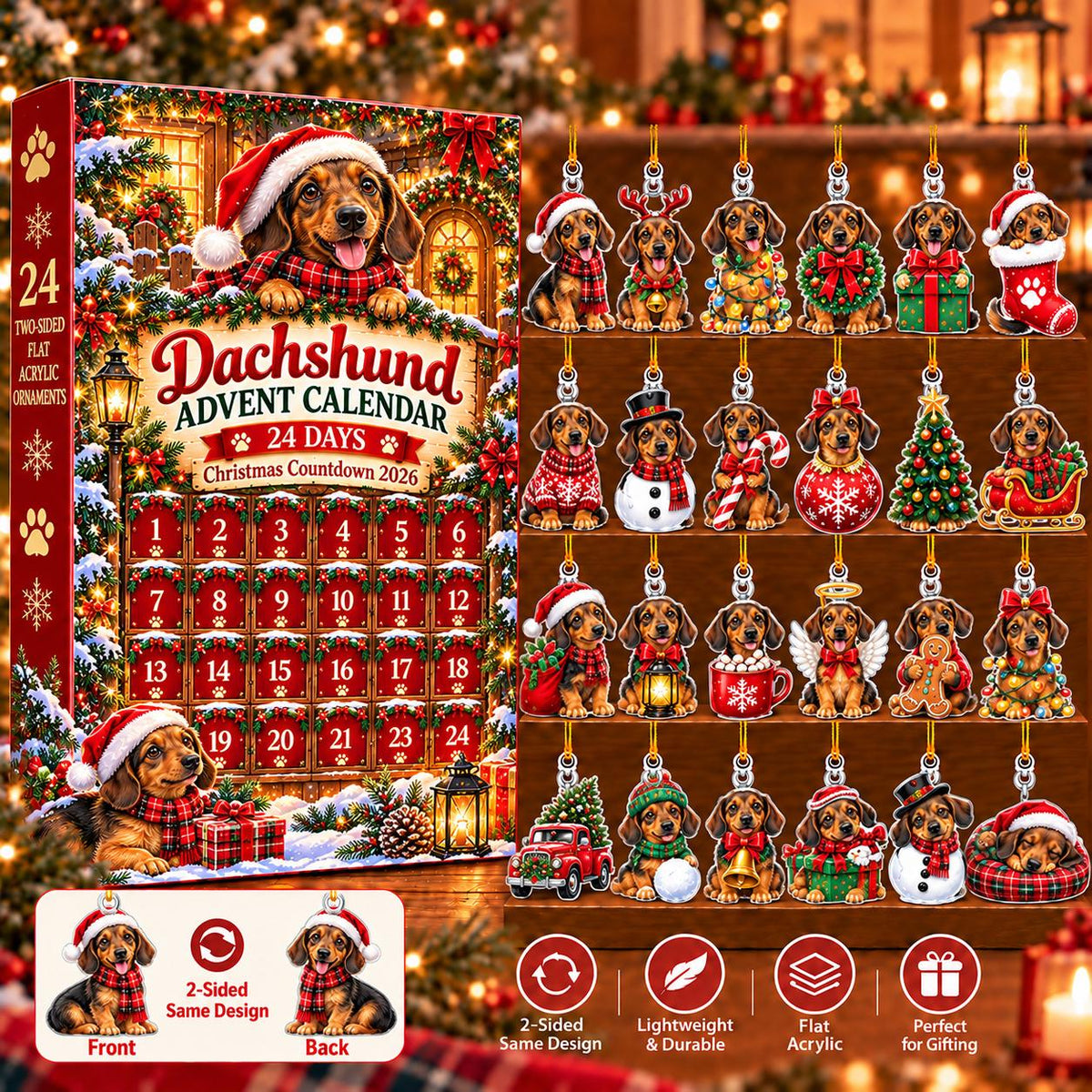 Dachshund Wiener Dog Advent Calendar 2026, 24 Acrylic Ornament Christmas Countdown Blind Box, Sausage Dog Holiday Gift Richard