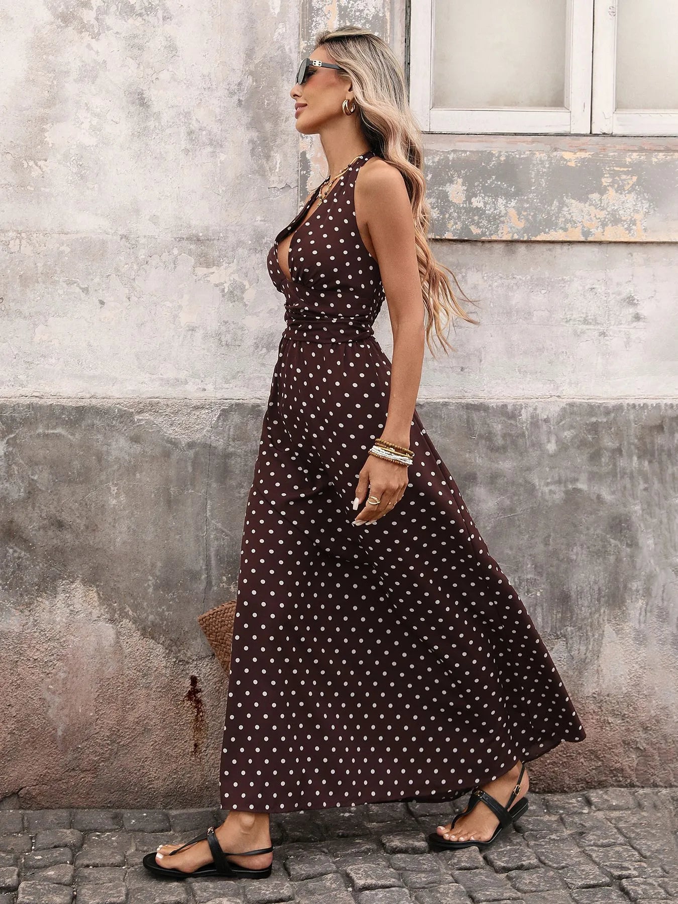 Vintage V-Neck Polka Dot Summer A-Line Midi Dress