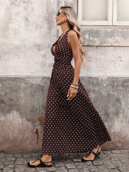 Vintage V-Neck Polka Dot Summer A-Line Midi Dress
