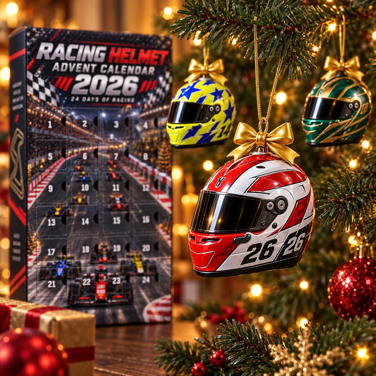 2026 Racing Helmet Advent Calendar, 24 Day Motorsport Christmas Countdown, Race Car Fan Ornament Gift