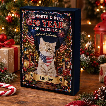 Custom Cat Advent Calendar 24 Charms, Personalized Cat Lover Xmas Gift, Patriotic 250 Year Pet Countdown Box, USA Holiday Sign