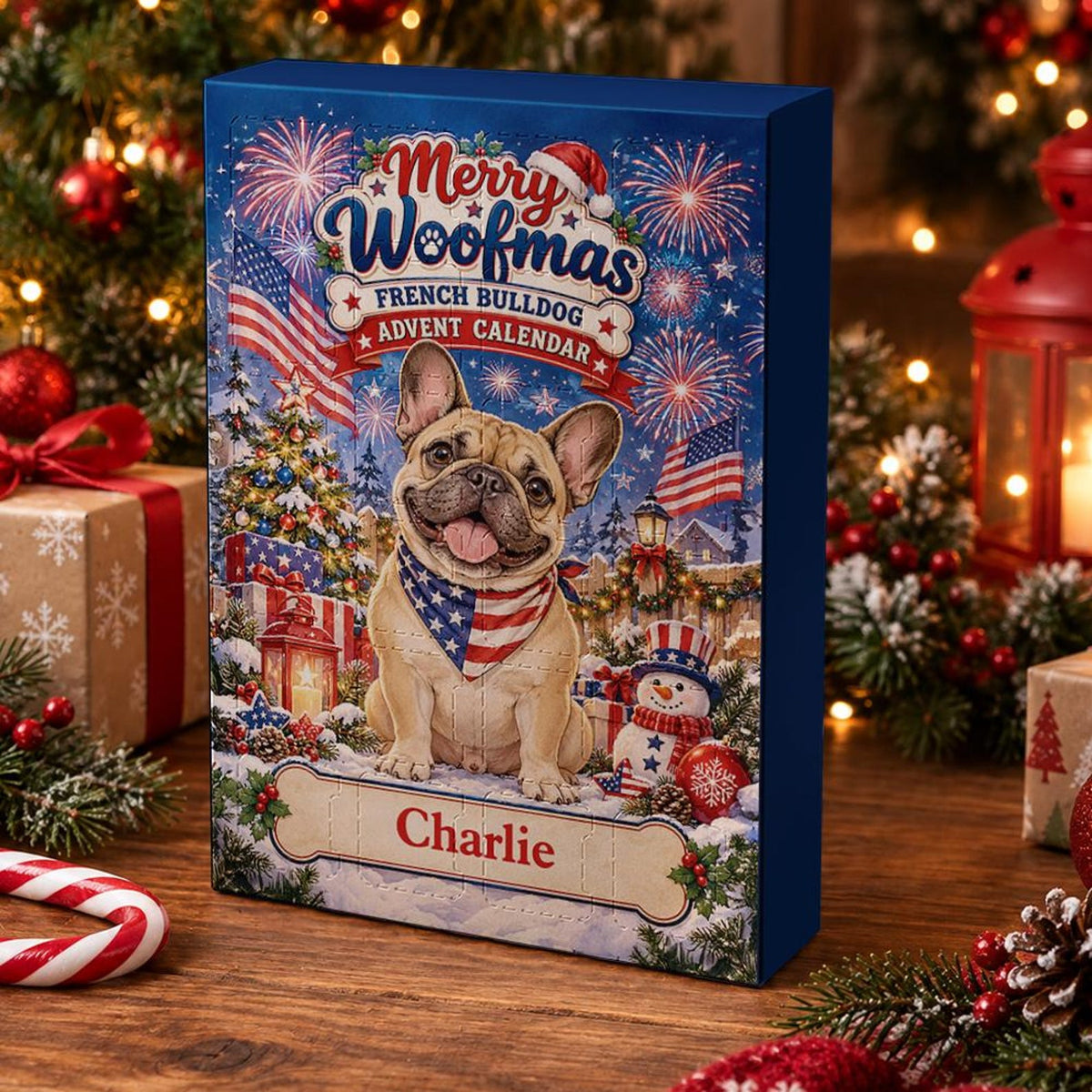 Custom French Bulldog Advent Calendar 24 Charms, Personalized Frenchie Dog Xmas Countdown Box, Patriotic Pet Lover Present