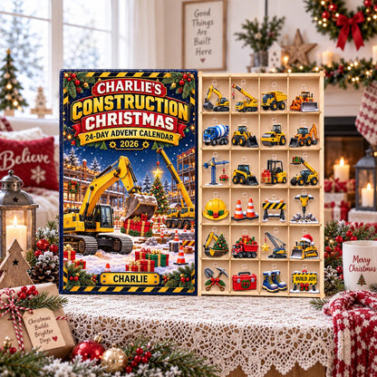 Personalized Construction Advent Calendar 2026, Truck Christmas Countdown, 24 Day Acrylic Ornament Set, Construction Toy Gift for Boys