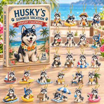 Husky Summer Vacation Advent Calendar 2026 - 24-Day Festive Countdown, Acrylic Charms Blind Box - Gift For Dog Lovers